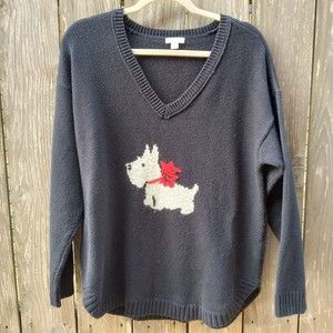 J Jill size M knit cotton blend sweater v-neck long sleeve black dog motif